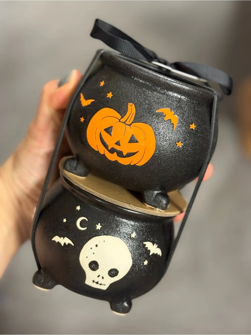 Rae Dunn Black Halloween Cauldron with Orange Pumpkin and Cream Skull